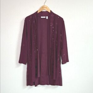 SUSAN GRAVER Women Large Liquid Knit Sequin Embroidered Open Front Cardigan